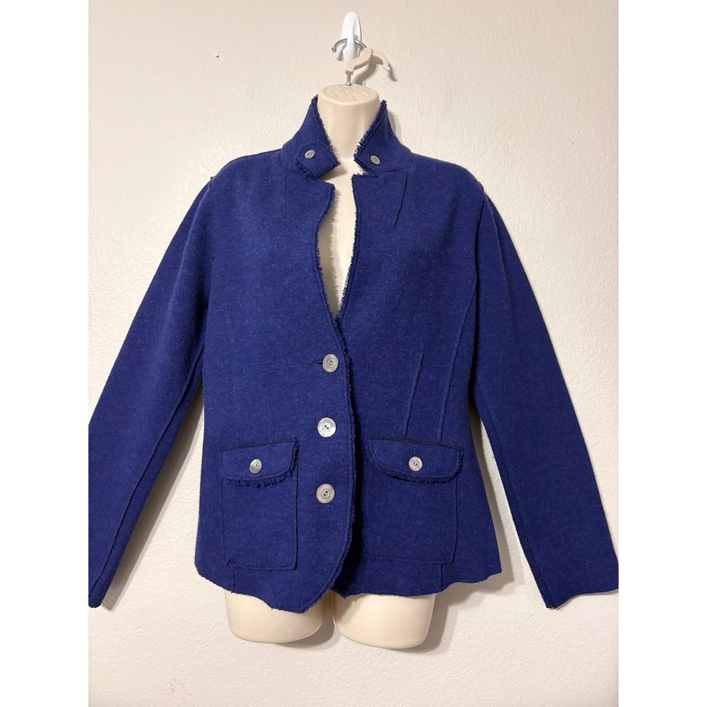 Eileen Fisher Royal Blue Purple Boiled Merino Wool Fringe Jacket Size Medium - Picture 3 of 13